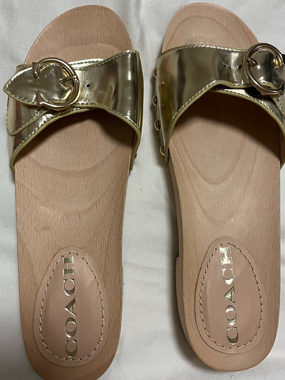 COACH Metallic Gold Buckle Slide Mules